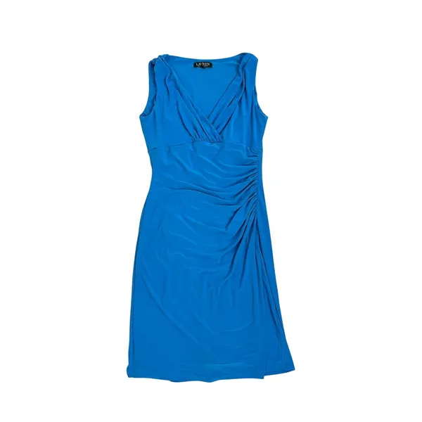 Lauren Ralph Lauren Blue Midi Wrap Ruched Side Sleeveless Dress Size 8 - Image 4