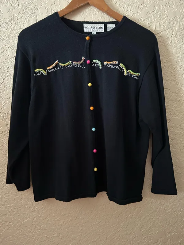 🩷VTG Marisa Christina Woman L Novalty 90s Sweater caterpillar Black Multi Color - Image 6