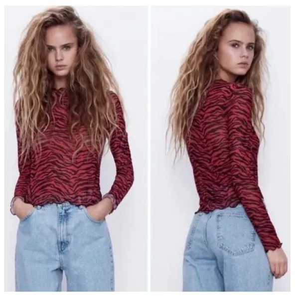 NEW Zara Sheer Animal Print‎ Mesh Top Women's S Red Long Sleeve Y2K - Image 7