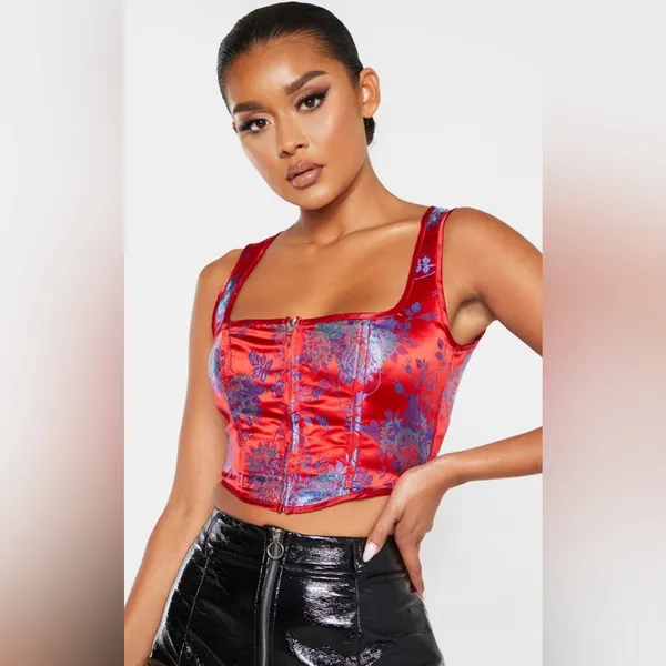 NWOT PrettyLittleThing Red and Blue‎ Satin Oriental Zip Front Corset Crop Top - Image 4