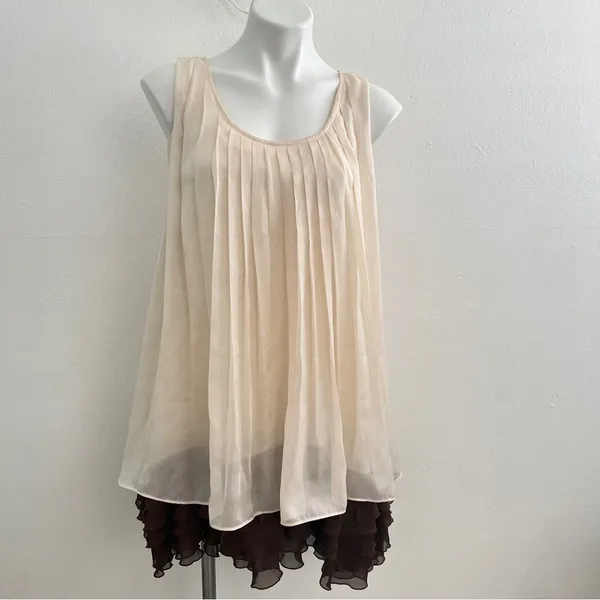 NEW Anthropologie Ryu Pleated Ruffle Babydoll Dress SMALL Sleeveless Beige/Brown - Image 3