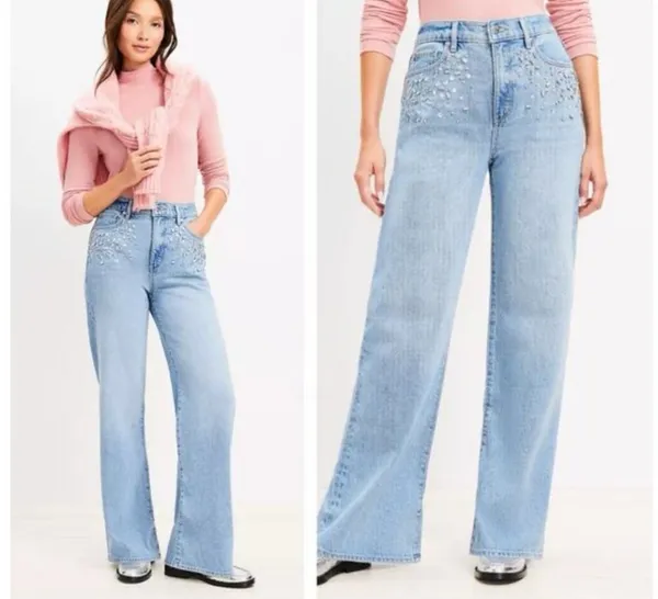LOFT The Wide Leg Bedazzled Jeans High Rise Statement Denim‎ Size 29 - Image 2