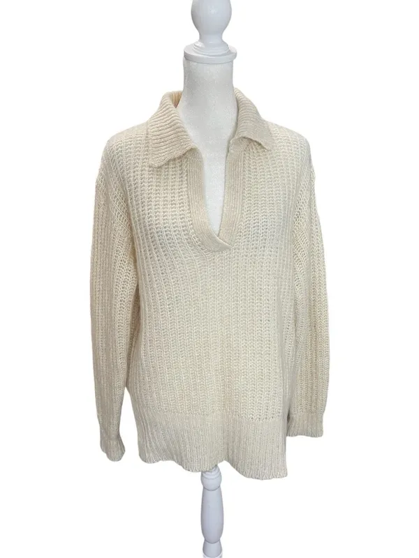 120% Lino Cream Alpaca Cashmere Silk Polo Sweater Italy S - Image 2
