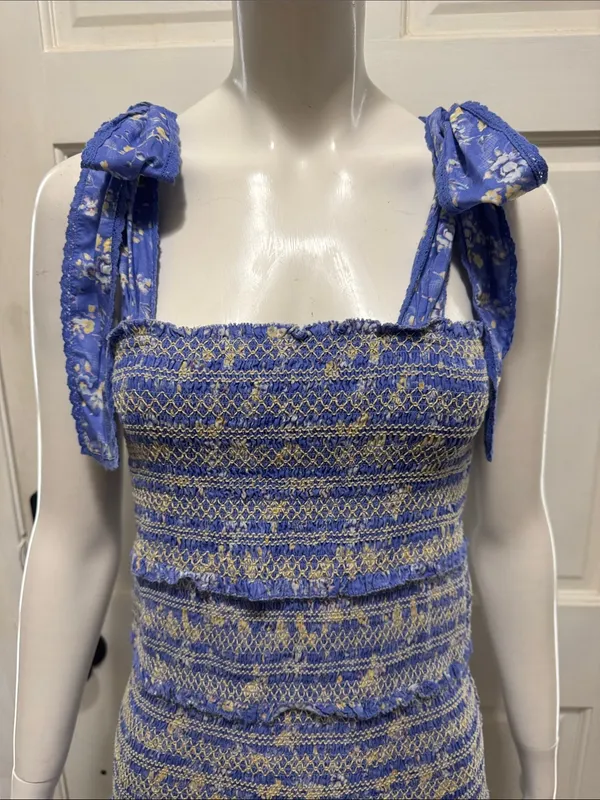 LoveShackFancy Belle Smocked Tie Straps Cotton Mini Dress Blue Jay Floral Print - Image 3