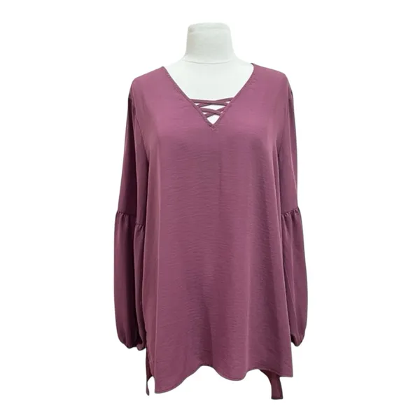 Maurices Mauve Pink Lantern Sleeve Lattice Neck Blouse Size Large - Image 12