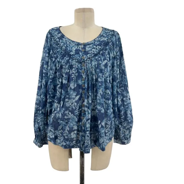 Free People Cool Meadow Printed Top Denim Combo‎ Blue Floral Size XS - Image 3