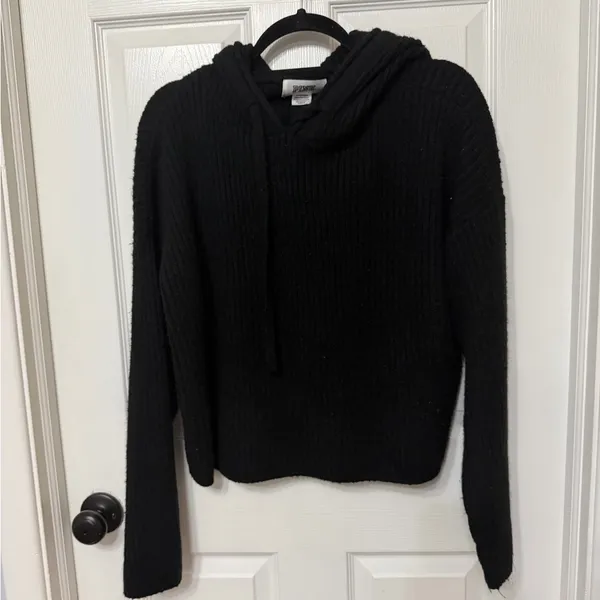 Victoria’s Secret PINK ribbed‎ hooded black sweater size large cropped - Image 3