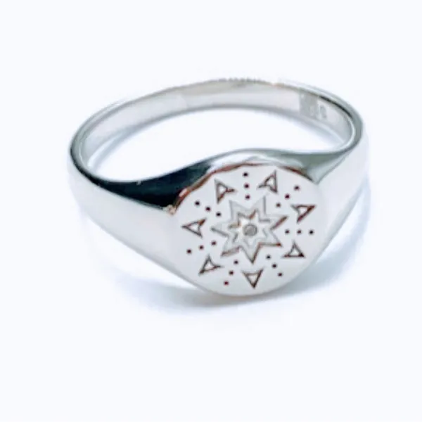 Boutique Unisex White Gold Plated S925 Diamond‎ Signet Sun Ring, Adjustable - Image 3