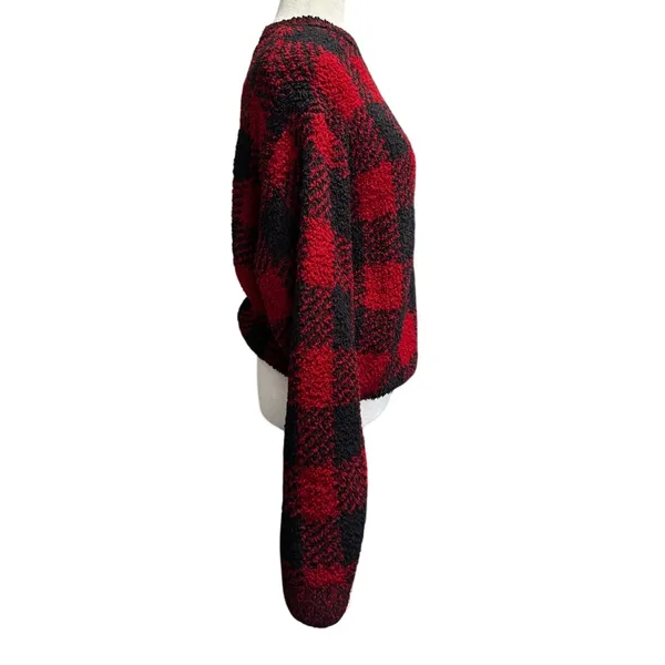SKIMS Red & Black Buffalo Check Fuzzy Knit Sweater – S/M Oversized - Image 3