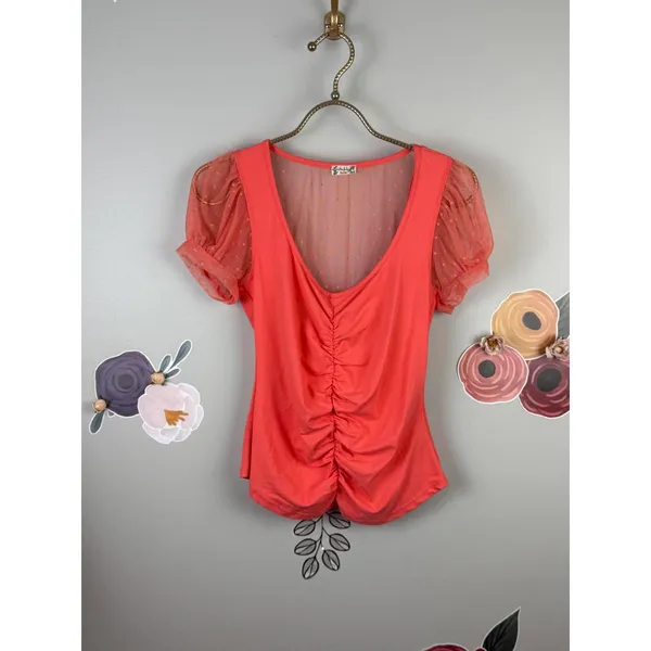 Free People Intimately Coral Blush Up Ruched Crop Sleeved Blouse - Size - Small - Image 2