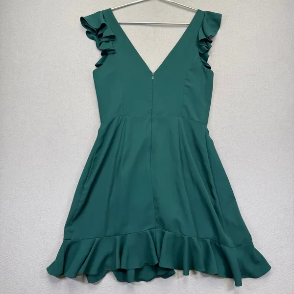 Amanda Uprichard‎ Emerald Green Ruffle V-Neck Mini Dress Size S Sleeveless Party - Image 8