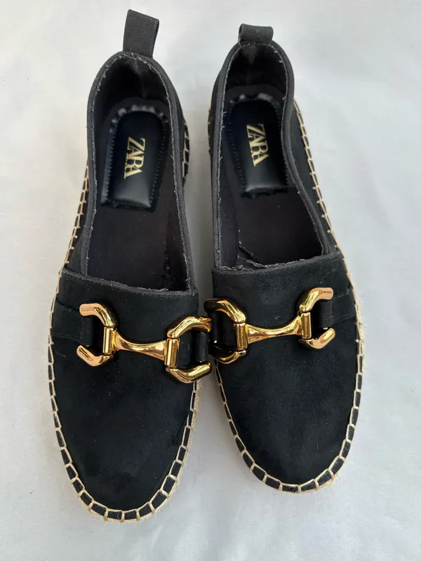 Zara Black Swede Espadrille Flats with Gold Buckle 39 - Image 7