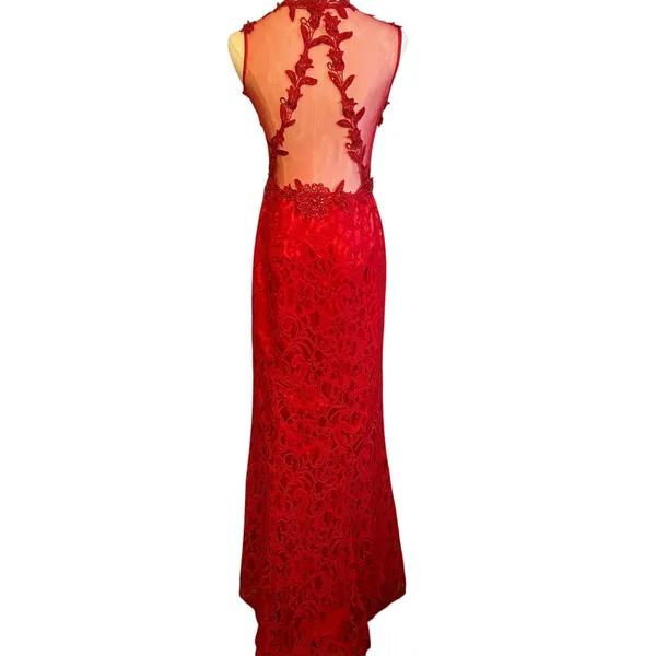 Swing Red Floral Lace Illusion Prom Gown Size 6 - Image 9