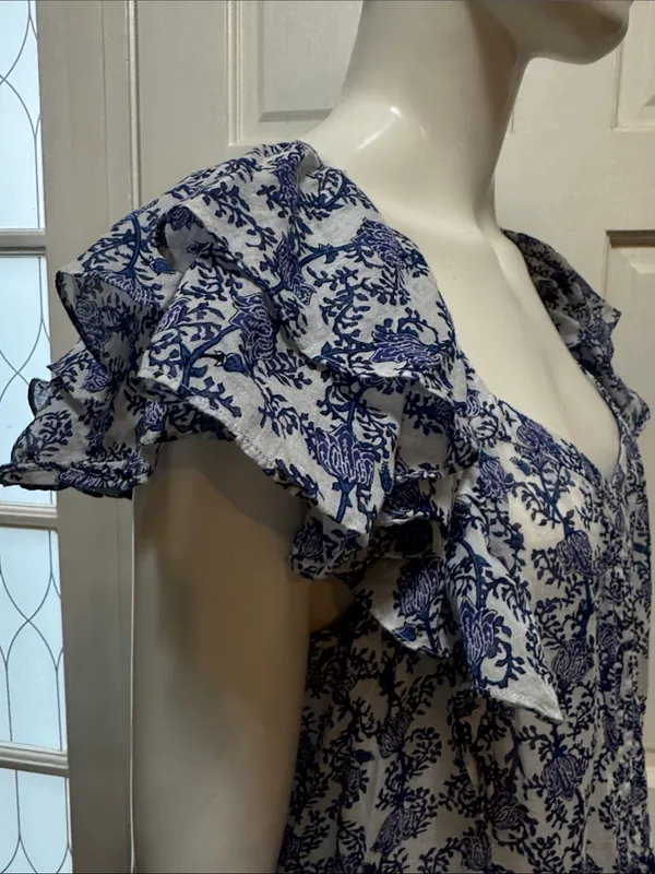 Isabel Marant Étoile Godrana Flutter-Sleeve Blue Floral Ruffle-Sleeve Dress S 44 - Image 10