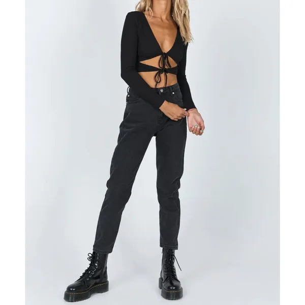 Princess Polly Black Ribbed Tie Front Long Sleeve Cut Out Crop Top Womens US 4 - Image 5