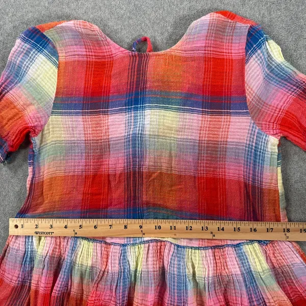Zara Plaid Tie Back Peplum Shirt Womens Small Red Short Sleeve Ruffle Round Neck - Image 6