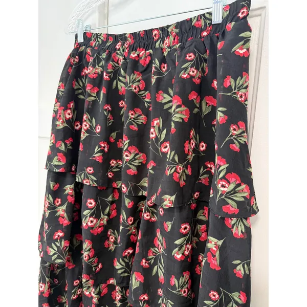 Draper James RSVP Black Red Floral Tiered Midi Skirt Elastic Waist Large L - Image 6