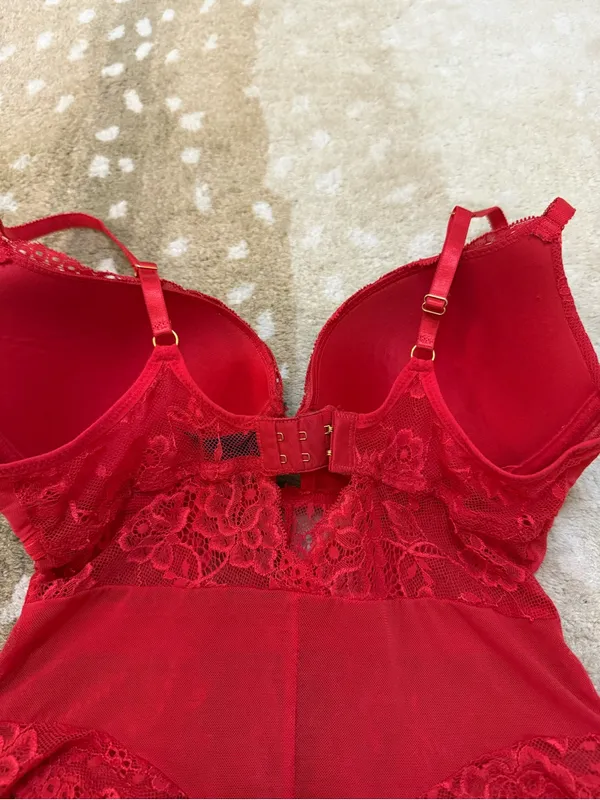 Rachel Roy Red Lace Bodysuit Teddy Size L Underwire Sheer Lingerie - Image 7