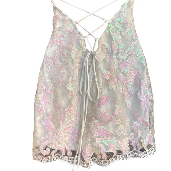 Lucy In the Sky Clarabelle‎ Iridescent Sequin Dress Sz S White Fairy Lace - Image 6