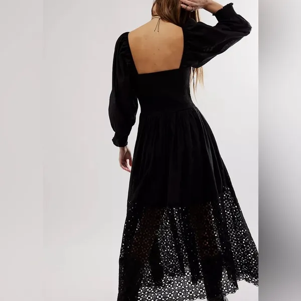 Free People Black Storm Dress Balloon‎ Sleeve Eyelet Bohemian Witchy Wednesday - Image 3