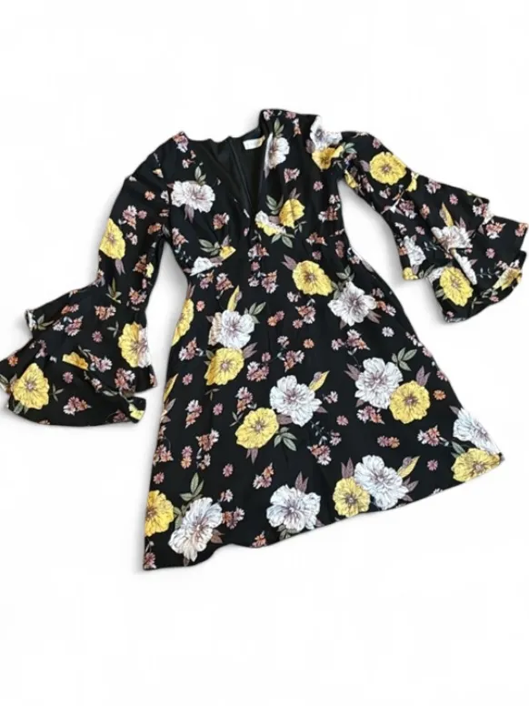 Altar'd State Juliette Boho Dress Black Floral Tiered Ruffle Bell Sleeves Sz S - Image 5
