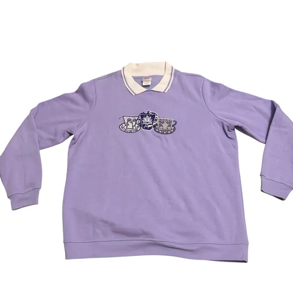 Vintage Grannycore Collared Sweatshirt‎ Pastel Purple Teacup Embroidered Size L - Image 2