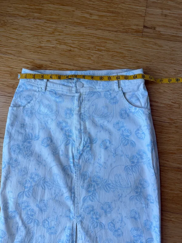 For Love & Lemons Chantal Blue Floral Swan Denim Midi Skirt M - Image 8