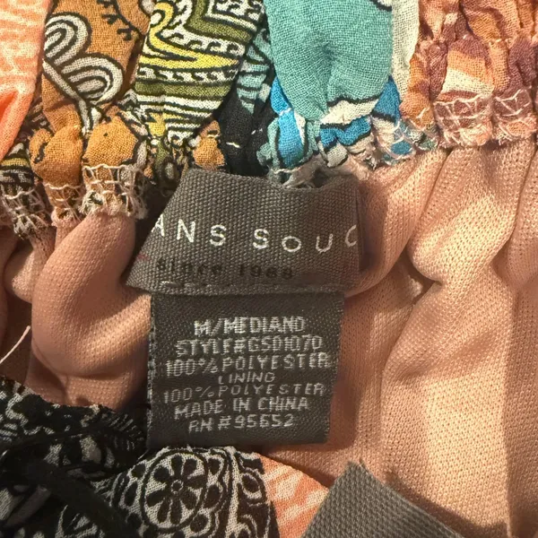 NWOT Sans Souci Off Shoulder Patch Print Maxi Dress Elastic Tie Waist M Tan Blue - Image 9
