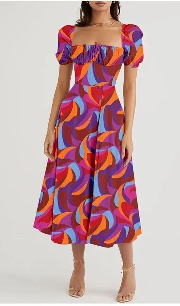 NEW Puff Sleeve Midi Square Neck Cottagecore Dress L - Image 2
