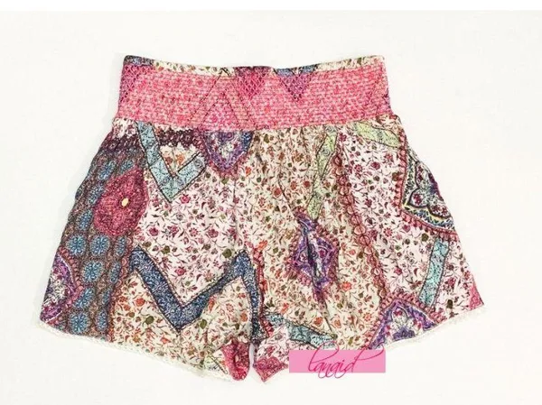 Bloomingdale's Smocked High-Rise Waist Floral Patchwork Lace Crochet Trim Shorts - Image 2
