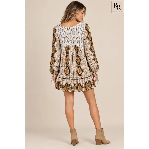Free People Mixed Print V-Neck Tunic Mini Dress Brown Cream Mustard Size M - Image 2