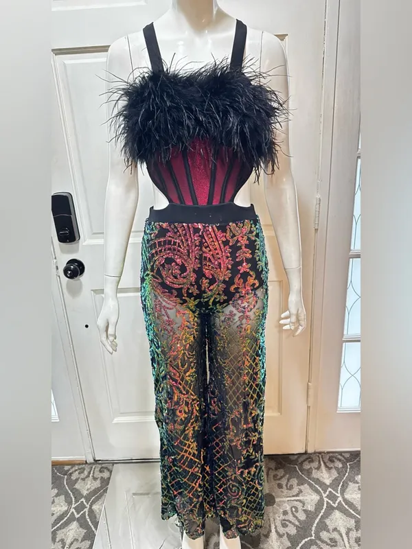 Revolution 10th House Dance Costume sequin Feather jumpsuit ZODIAC - Image 2