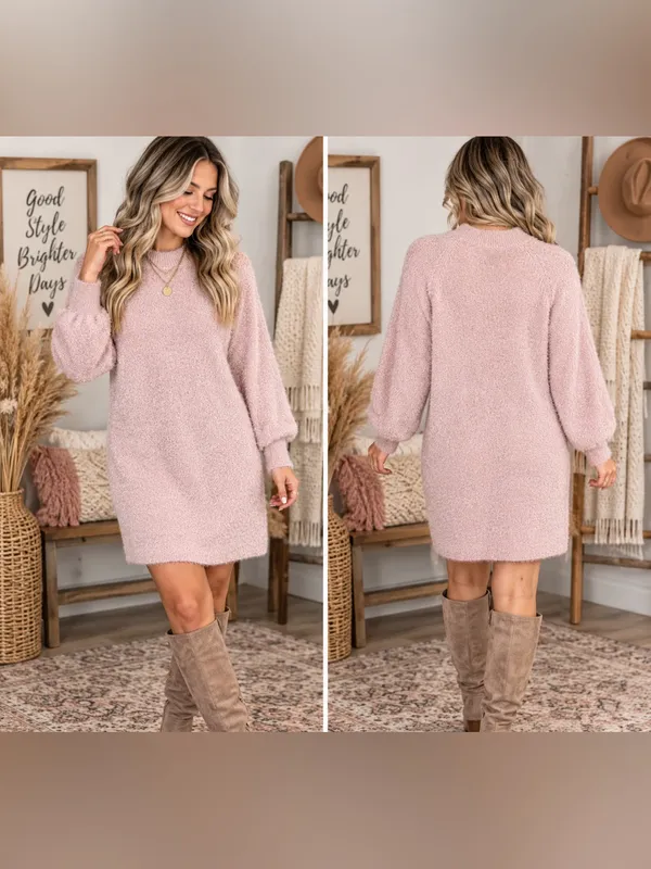 Blush Pink Plush Balloon-Sleeve Mini Dress - Image 2
