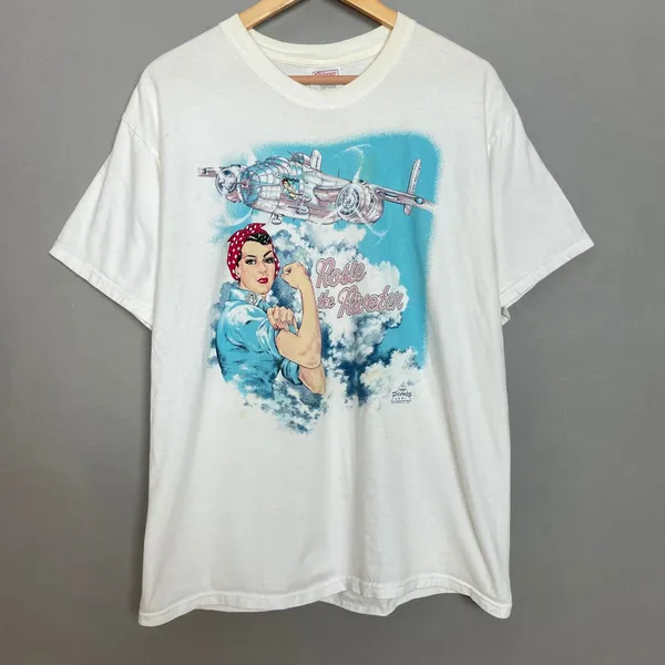 Hanes Vintage 90s‎ Rosie the Riveter T-Shirt Size Large White FLAWS Retro 1995 Graphic - Image 2