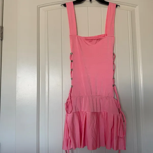 Barbiecore Pink Lace-Up Mini Dress 💕 Y2K Corset Style Side-Tie Stretch Sundress S/M - Image 5