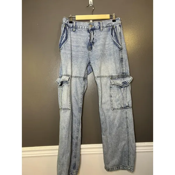 Aeropostale Low Rise Cargo Jeans Womens L Light Wash Blue Wide Leg Relaxed Denim - Image 2