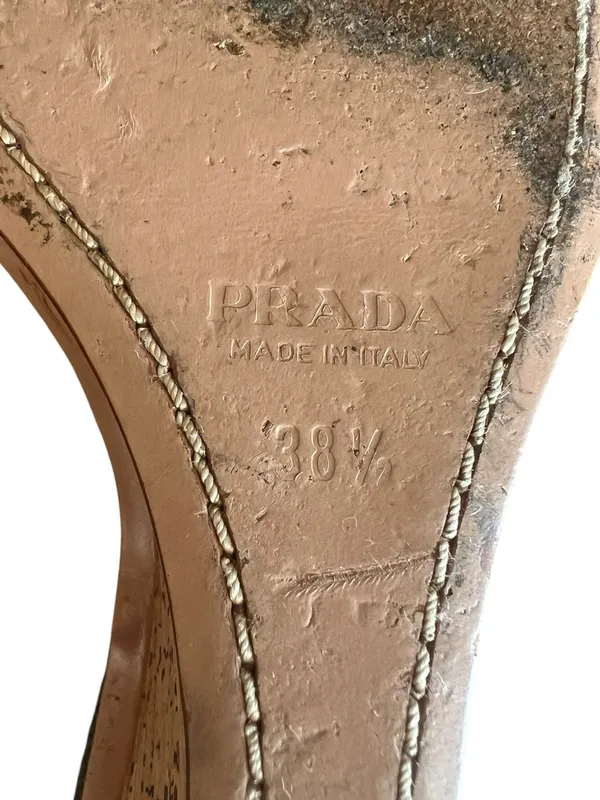Prada Women’s Peep Toe Denim Cork Leather Bow Wedge Y2K Vintage Heels 38.5 - Image 7