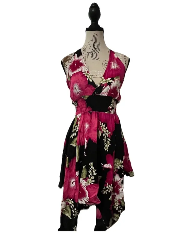 Advance Brand Y2K Hibiscus Tropical Floral Halter Dress Black Pink High Low Hem - Image 5