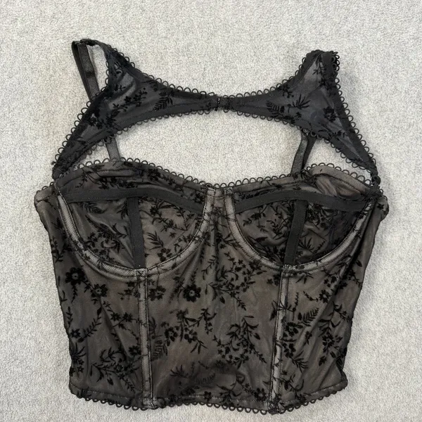 Windsor Black Velvet Floral Flocked Mesh Bustier Corset Top Size SM Adjustable - Image 4