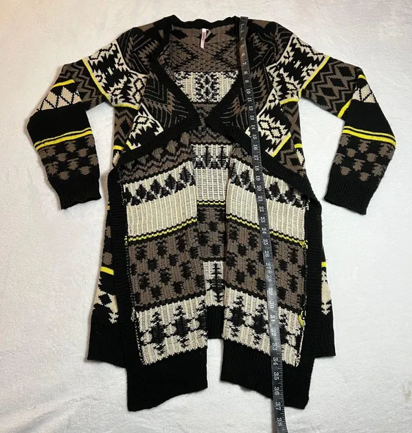 Ekklesia Open Front Knit Geometric Print Cardigan Size M/L Long Line Cozy Cotton - Image 6