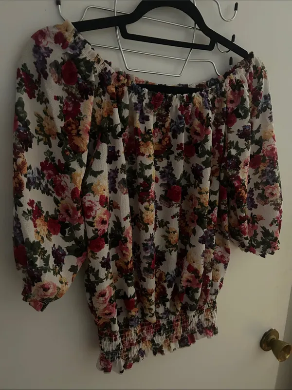 Floral Off-Shoulder Peasant Top - White with Pink & Green Floral Print Medium - Image 5