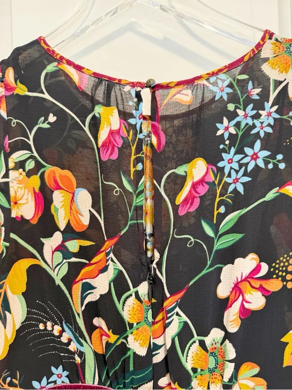 ANTHROPOLOGIE Adair Velvet Trimmed Midi Dress in Black Floral Pattern‎ size 0 - Image 7