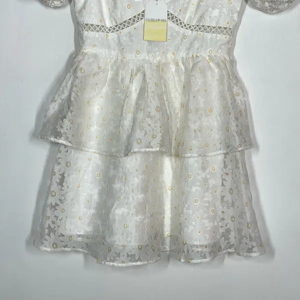 NEW Lena Party A-Line‎ Dress Women's Size Medium White Floral Applique Layered - Image 5