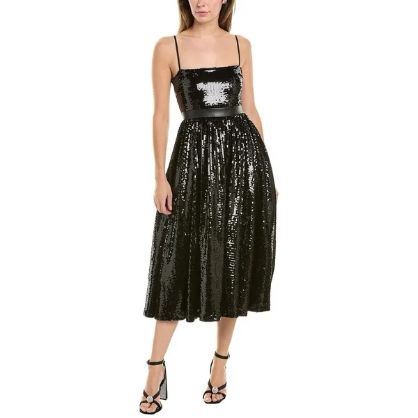 WeWoreWhat Black Sequin Midi Dress with Faux‎ Leather Waistband - Size 4 - Image 2
