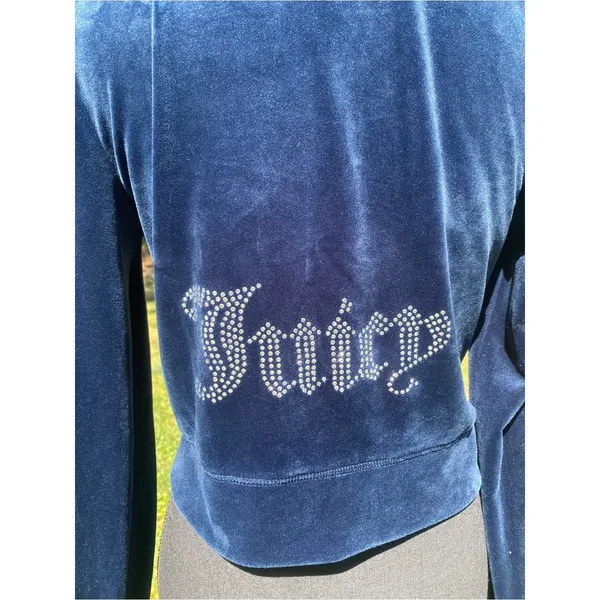 Juicy Couture Navy Blue Velour Zip-Up Hoodie Cropped Y2K Loungewear - Image 4