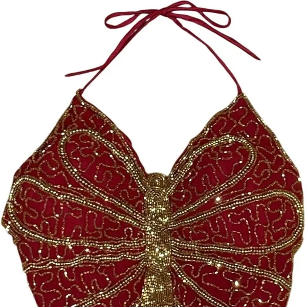Y2K Beaded Butterfly Halter Top Red Gold Coin Fringe Festival Rave Fairycore S/M - Image 5