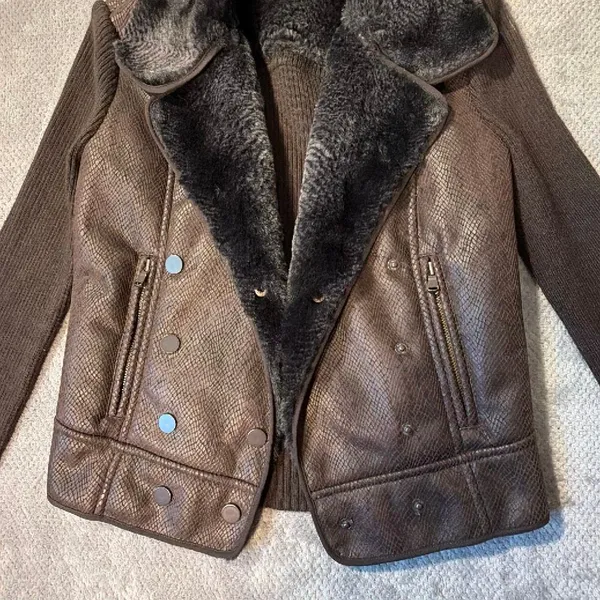 Cache Brown Faux Fur Trim Moto Jacket Size S Wool Blend Rib Knit Snakeskin Textu - Image 4