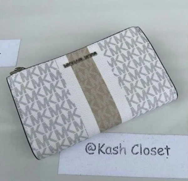 Michael Kors Light Sand Multi Double Zip Wristlet MK Signature Stripe JetSet Bag - Image 2