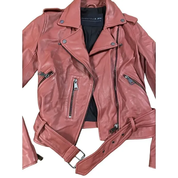 Bagatelle Women's Washed Leather Biker Moto‎ Belted Jacket in Sunset size XS - Image 5