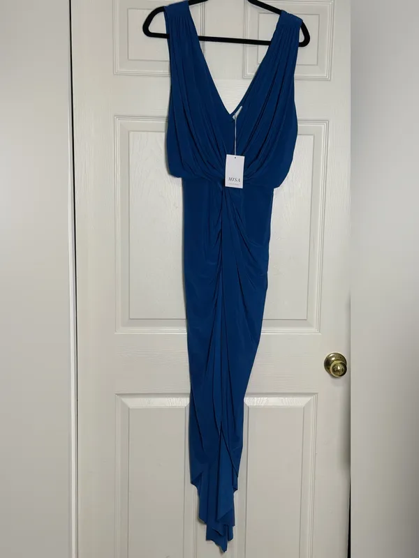 MISA Los Angeles Leza Gathered Crossover Sleeveless Tulip Maxi Dress in Blue L - Image 3
